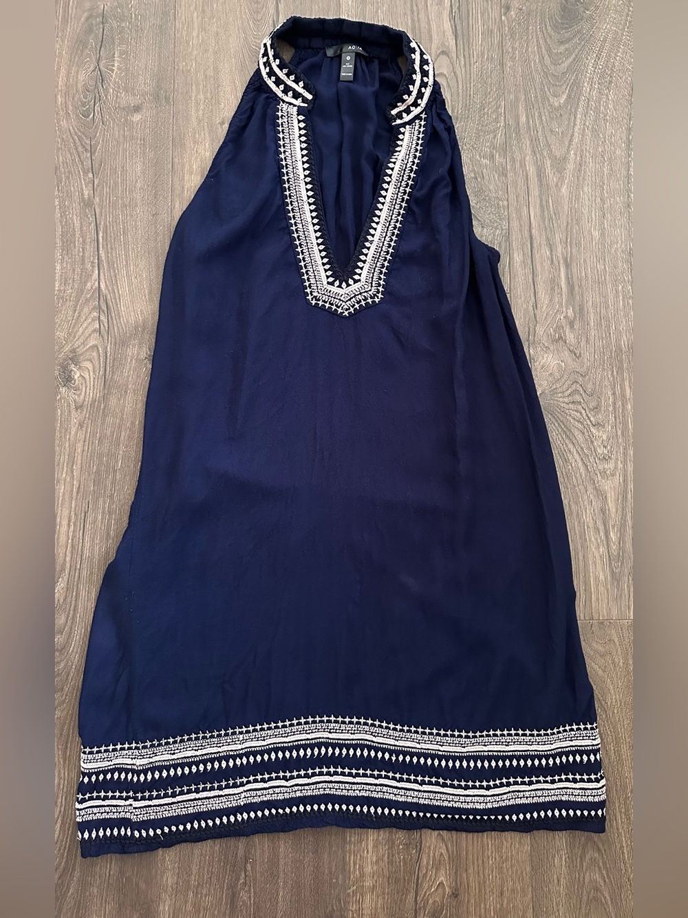 Aqua Navy Halter Tank with White Embroidery